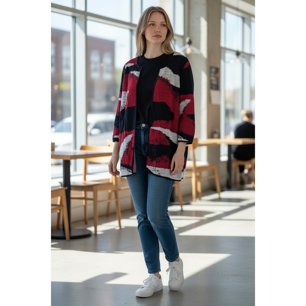 Kasper Duster Cardigan Red ‎ Mulit Knit Open Front Chic Grandma 1X